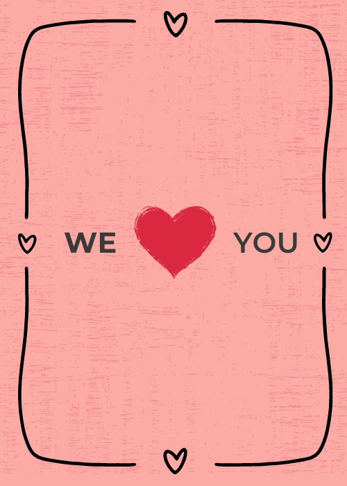 Pink textured appreciation card with hand-drawn border and large red heart in center with text reading We Love You