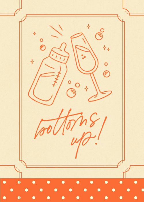 Funny new baby congratulations card with bold illustrated design featuring baby bottom imagery with punny Bottoms Up text and celebratory humorous composition