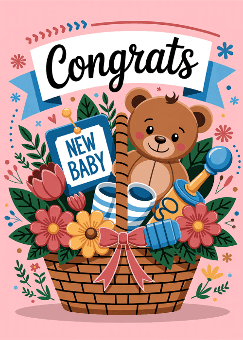 Woven gift basket with a teddy bear, rattle, baby bottle, and sippy cup surrounded by colorful red pink and yellow flowers on a pink background with a blue New Baby tag and Congrats banner