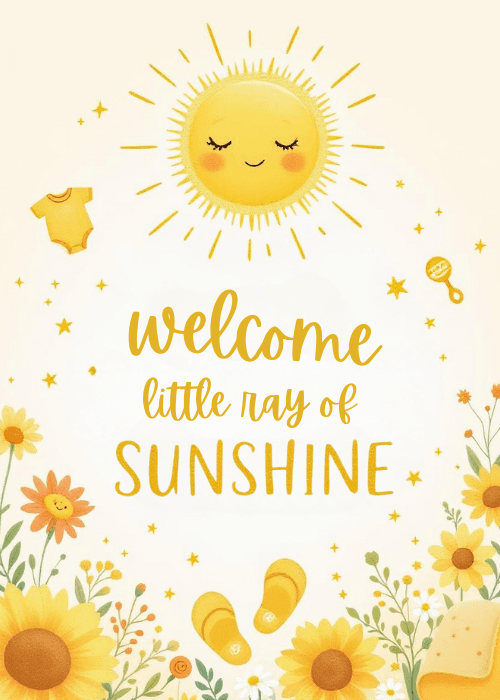 Illustrated new baby card with kawaii smiling sun golden rays bright sunflowers scattered baby onesie rattle and flip flops on cream yellow background with Welcome Little Ray of Sunshine text