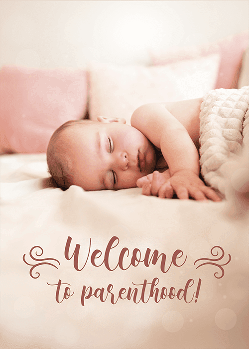 New baby congratulations card with warm illustrated design and welcoming text reading Welcome to Parenthood with baby-themed decorative elements in a heartfelt celebratory composition