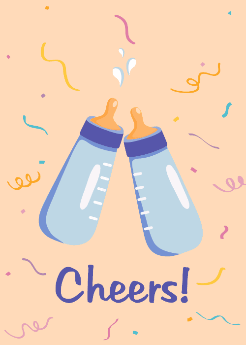 Peach baby congratulations card showing two blue baby bottles clinking together with a splash, surrounded by colorful confetti, and bold text Cheers below