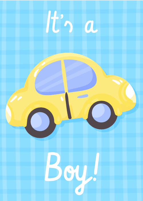 New baby boy group card with a large illustrated yellow toy car on a blue gingham background with the text It's a Boy