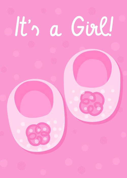 New baby congratulations card in bold pink with illustrated design and large text reading It's a Girl with celebratory accents and warm baby-themed decorations