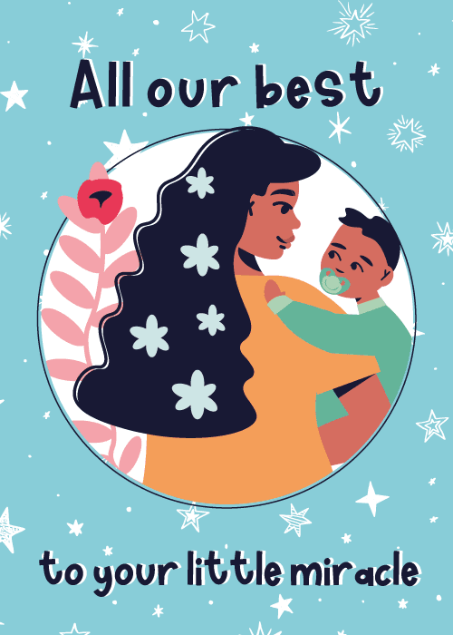Teal blue new baby card featuring a circular illustrated vignette of a dark-haired mother holding her newborn baby with a pacifier, surrounded by white stars and a pink floral stem, with text reading "All our best to your little miracle."