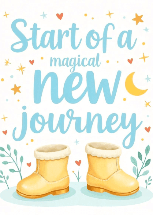 Clean white new baby card with two golden-yellow baby booties with fur-lined tops at the center, surrounded by colorful stars in orange yellow and blue, a crescent moon, small red and pink hearts, and green leaf sprigs, light blue hand-lettered text reading Start of a magical new journey