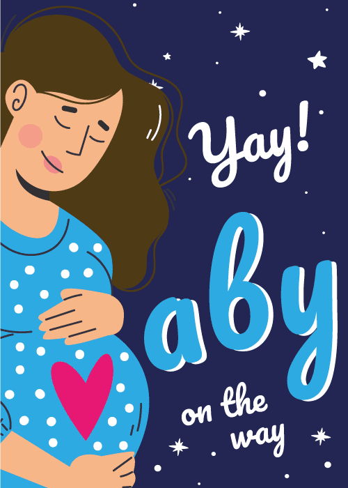 Dark navy background with white stars, illustrated pregnant woman in a blue polka-dot top cradling her belly with a pink heart, bold blue script Yay! and baby on the way lettering beside her