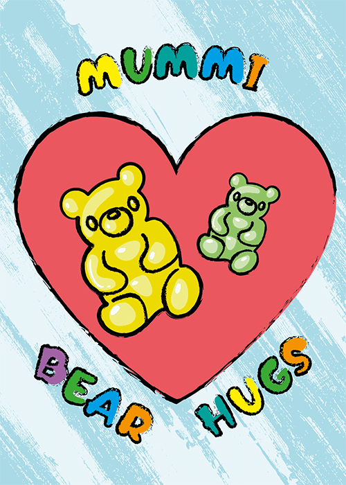 Light blue brushstroke-textured background with a large red heart containing two illustrated gummy bear characters in yellow and green, surrounded by bold multicolored block letters spelling MUMMI BEAR HUGS