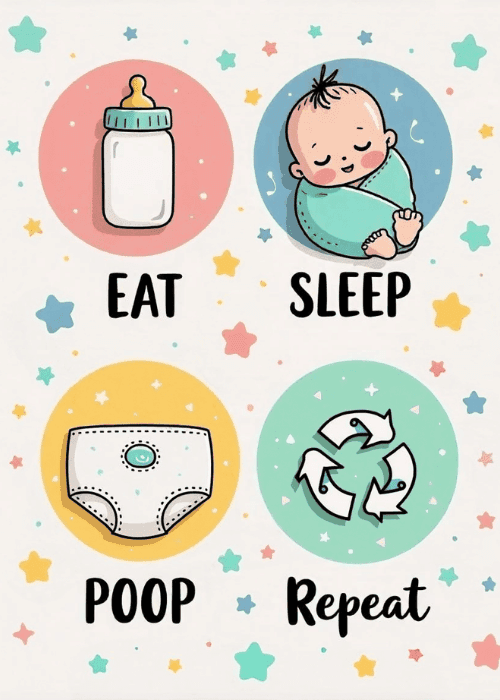 Funny new baby card on a white background scattered with multicolored pastel stars, four large pastel circles in a two-by-two grid showing cute kawaii-style icons with bold sans-serif labels: pink circle with a baby bottle reading EAT, blue circle with a swaddled sleeping baby reading SLEEP, yellow circle with a diaper reading POOP, and teal circle with recycling arrows reading Repeat
