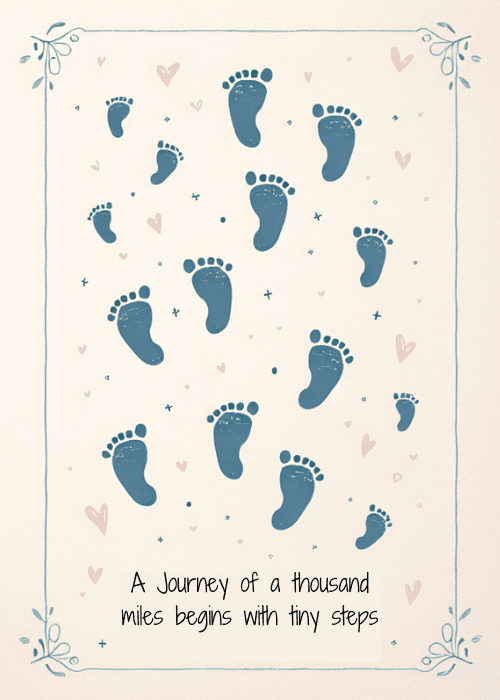 Illustrated new baby card featuring an uplifting quote in charming typography with soft baby-themed design elements