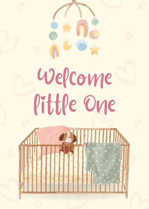Cream baby card with a watercolor wooden crib holding a stuffed puppy and blankets, a colorful nursery mobile above it, and pink script reading Welcome little One
