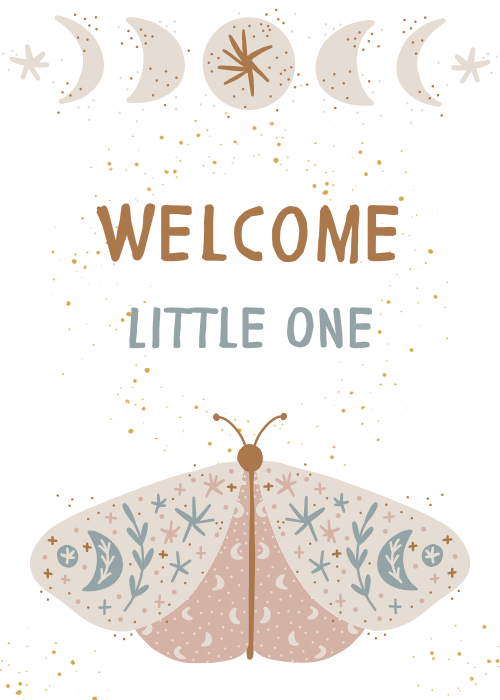 New baby card on soft pastel background with illustrated watercolor butterflies and delicate floral accents surrounding the text Welcome Little One in gentle script lettering