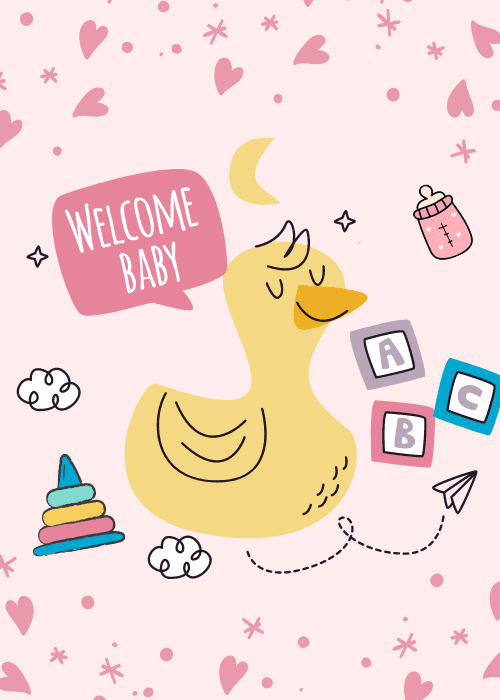 Pink new baby girl card with cute yellow rubber duck ABC blocks baby bottle and stacking rings with text reading Welcome Baby in a pink speech bubble