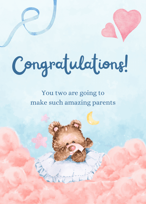 New baby congratulations card for new parents with warm illustrated design featuring baby-themed elements and heartfelt congratulations text celebrating the new parents arrival