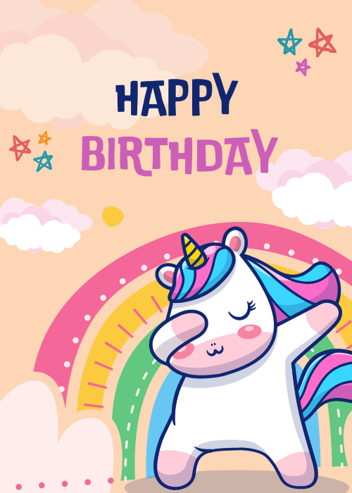 Cute cartoon unicorn with blue and pink mane doing a dab pose in front of a rainbow on a warm peach background with pink clouds and colorful stars, bold navy text reading Happy Birthday