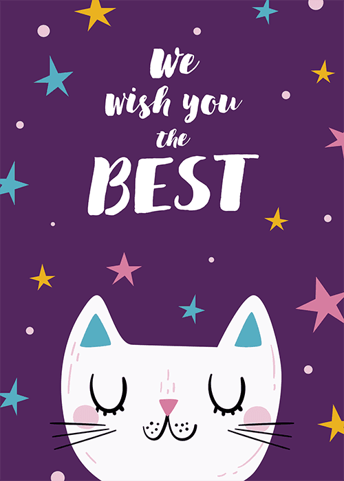 Sleepy white cat with rosy cheeks and teal ears peeking up from the bottom of a deep purple background covered in colorful yellow pink and teal stars, white brush-script text reading We Wish You The Best
