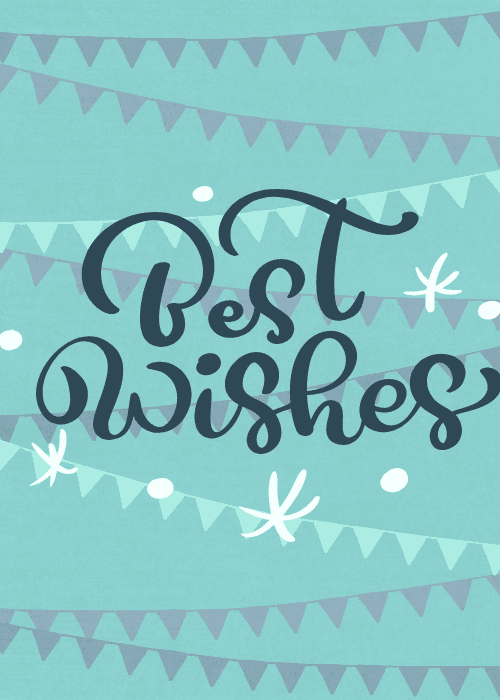 Teal card with rows of muted triangle bunting garlands and large bold brush-script Best Wishes lettering with white star accents
