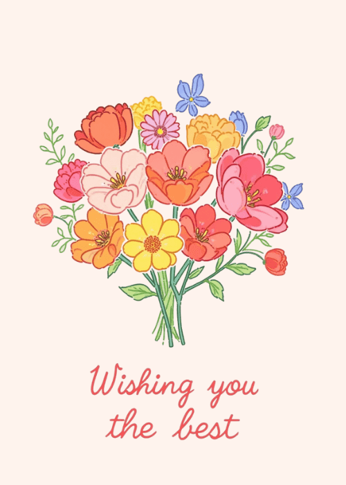 Blush card with a warm illustrated flower bouquet in oranges, pinks, and yellows with 'Wishing you the best' text