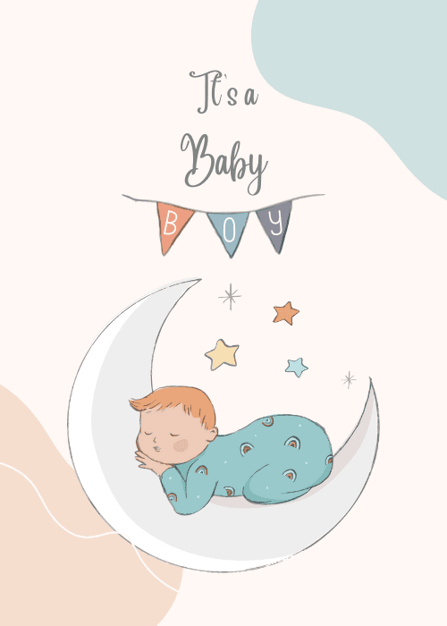 New baby boy congratulations card with sweet illustrated design in blue tones featuring baby-themed elements and bold congratulations text welcoming the new baby boy