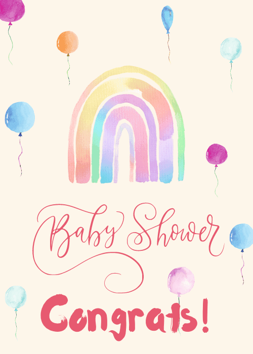 Baby shower congratulations card with soft pastel illustrated design featuring baby-themed elements like balloons gifts and baby icons with sweet congratulations text for the expecting parents
