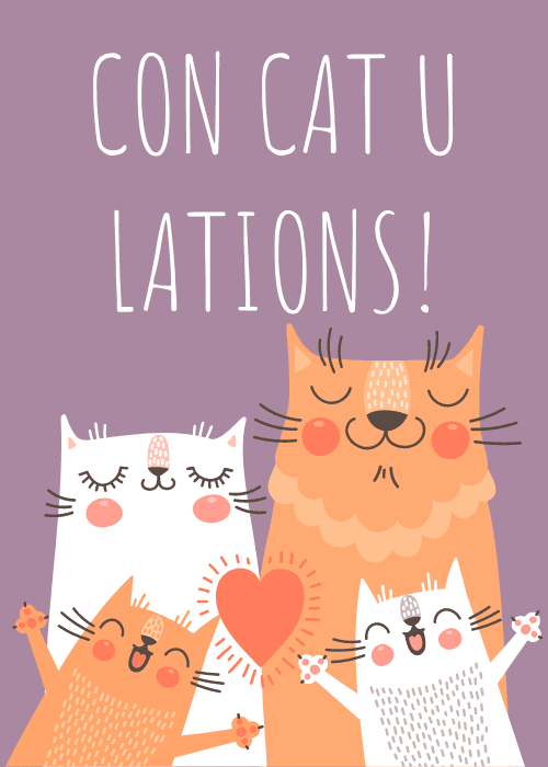 Purple background with four cute illustrated cartoon cats including two adult cats and two kittens holding a red heart between them, bold white pun text CON CAT U LATIONS at top