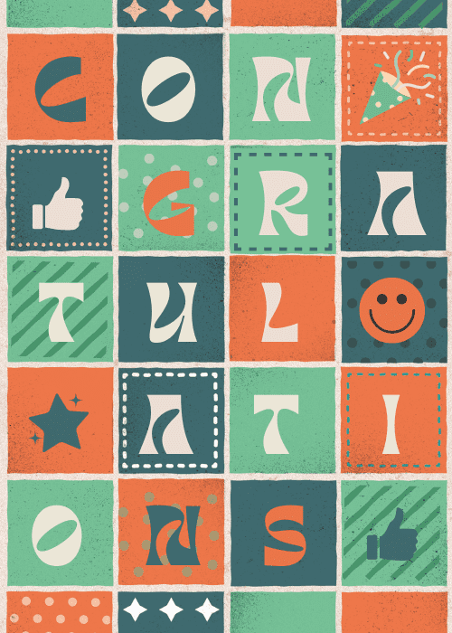 Bold retro grid of orange, teal and mint square tiles spelling CONGRATULATIONS letter by letter, with icon tiles showing a thumbs-up, smiley face, party popper and star, textured vintage feel