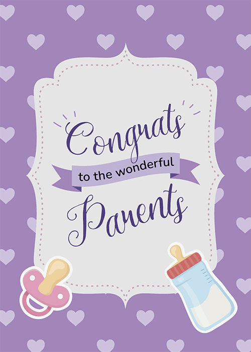 Purple baby card with a decorative white frame, script text Congrats to the wonderful Parents, pink pacifier and blue baby bottle accents on a heart-patterned background