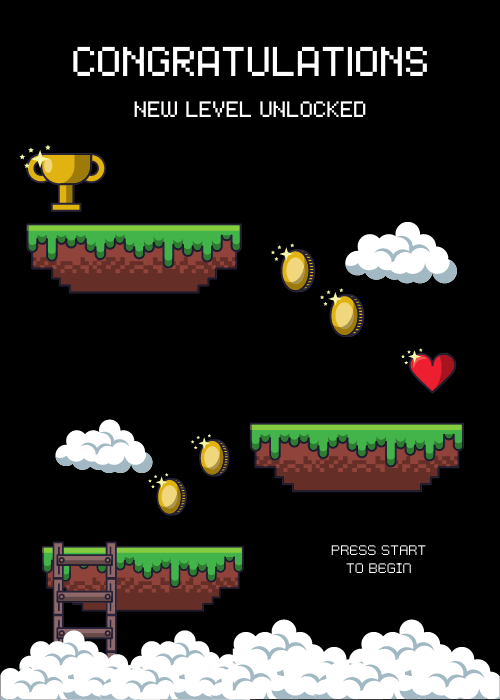 Retro 8-bit video game scene with pixel platforms, gold coins, a trophy, and a heart with Congratulations New Level Unlocked text on a black background
