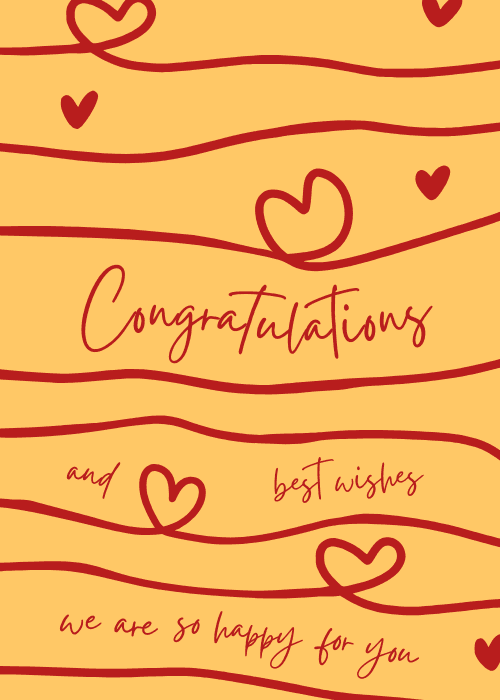 Congratulations and best wishes greeting card with a warm golden background featuring illustrated heart shapes and a celebratory message