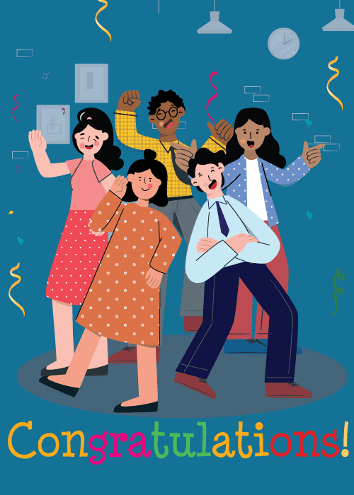 Illustrated diverse colleagues dancing in a teal office with confetti streamers and multicolour Congratulations text at bottom