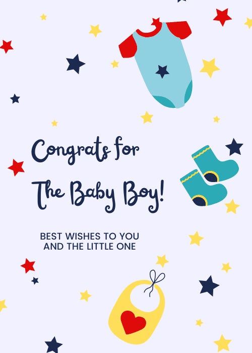 Pale blue baby boy card with red and navy star confetti, teal onesie, matching booties, yellow bib, and script text Congrats for The Baby Boy