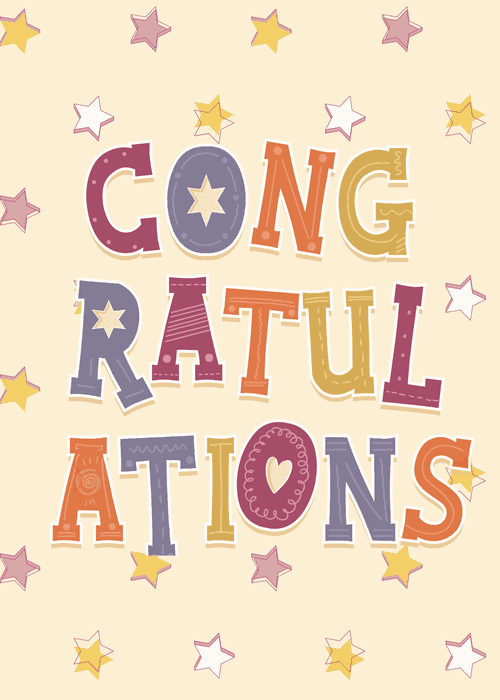 Colorful abstract shapes and confetti on a cream background for congratulations