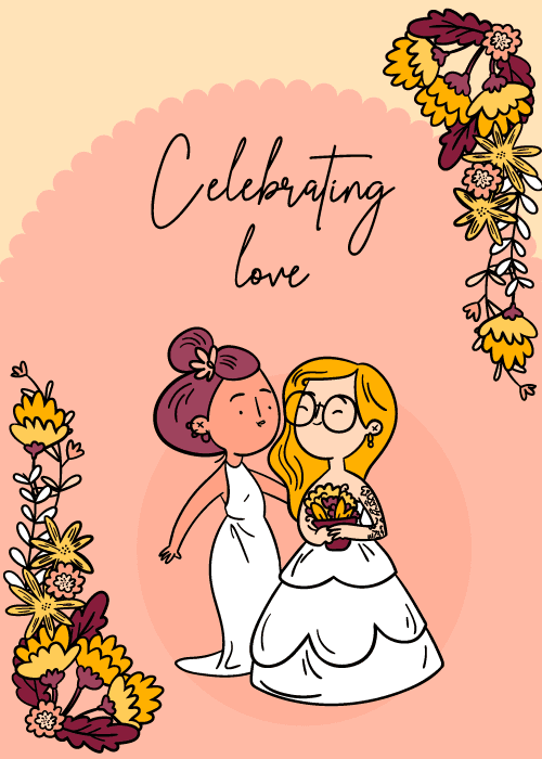 Wedding congratulations card for two brides with inclusive illustrated design showing female couple in joyful celebration with colorful warm congratulations message