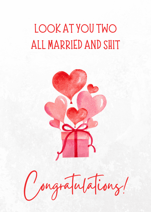 Funny wedding congratulations card with humorous illustrated design and playful bold text celebrating getting married with wit and warmth in a colorful cheerful composition