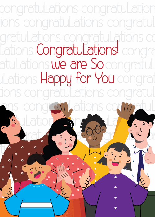 Congratulations card on white background with subtle congratulations watermark pattern and six diverse illustrated characters including child with thumbs up woman in red floral dress and others cheering below red hand-lettered Congratulations We Are So Happy for You text