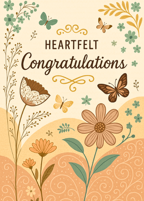Elegant botanical design with wildflowers, daisies, and butterflies in amber and orange tones on a warm golden background with Heartfelt Congratulations text