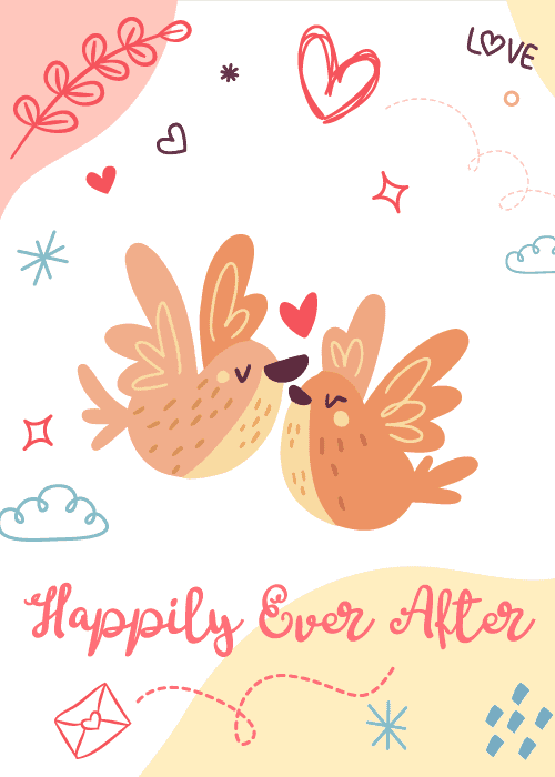 Cute wedding card with two illustrated lovebirds touching beaks on a cream background with drawn hearts and Happily Ever After in red script