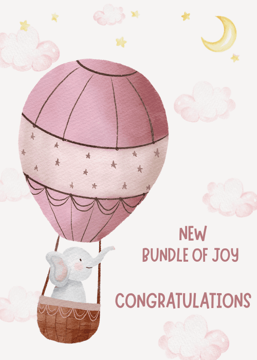 Soft pink watercolor new baby card with cute elephant in a hot air balloon surrounded by clouds and a crescent moon