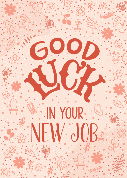 Coworkers with balloons and cupcakes with good luck text on a blue background