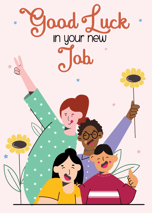 New job congratulations group card with bold colorful illustrated design featuring a good luck message and celebratory accents for a departing colleague