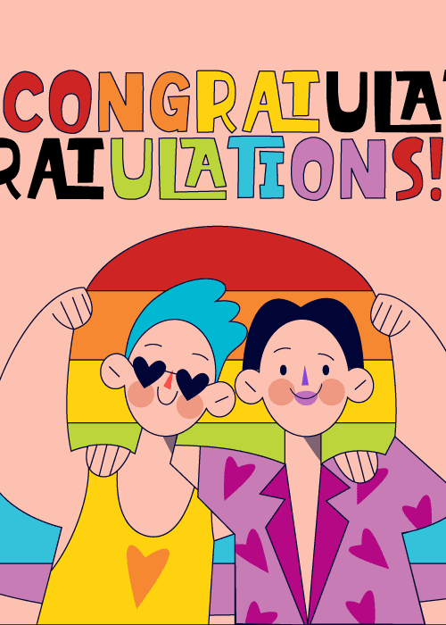 Two people with a rainbow and congratulations text