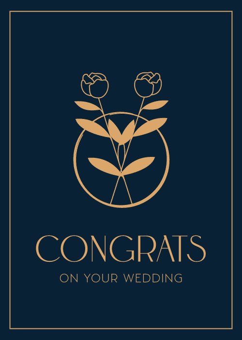 Elegant wedding card on deep navy with a thin gold border and a gold art deco line-art illustration of two roses in a circle above gold text reading Congrats on Your Wedding