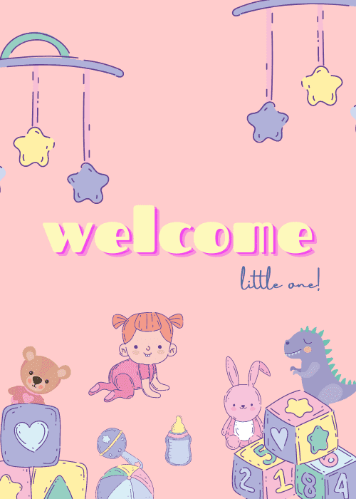 New baby card with warm illustrated design featuring baby-themed elements and soft flowing script reading Welcome Little One in a sweet heartfelt composition