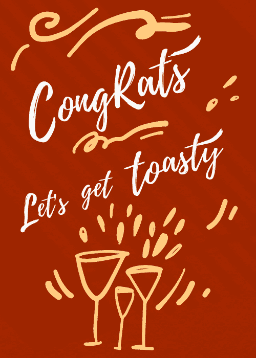 Terracotta background with sketched champagne glasses clinking and script text reading CongRats and Let's get toasty in white and yellow
