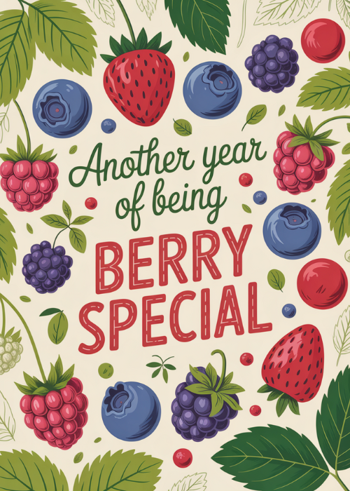 Illustrated spring themed card with dense botanical berry pattern of strawberries blueberries raspberries and blackberries on dark forest green background with bold Another Year of Being Berry Special text