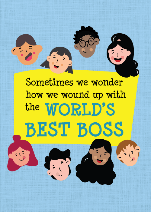 Diverse group of cheering faces with world's best boss text