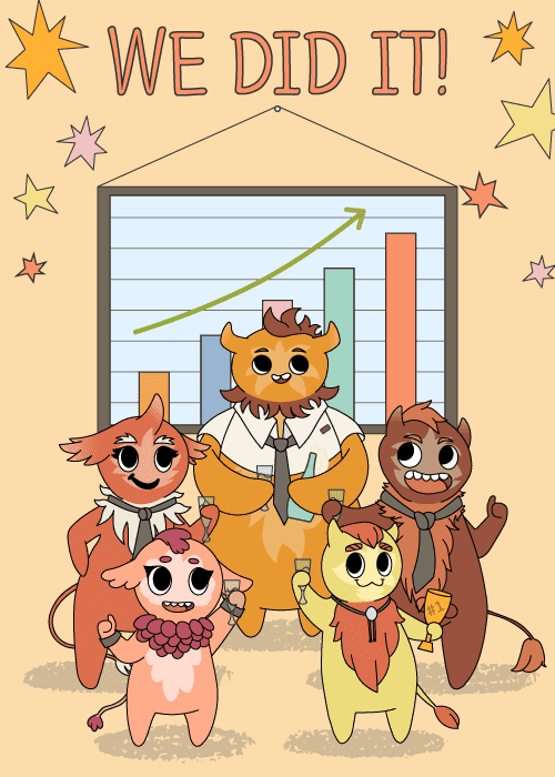Five kawaii illustrated lion team characters celebrating before an upward bar chart on warm peach background with colorful stars and We Did It text