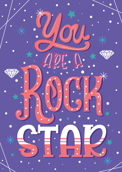 Bold purple appreciation card with white confetti dots and large decorative marquee-style coral and white lettering reading You Are a Rock Star with dot-bulb accents diamond shapes and scattered stars