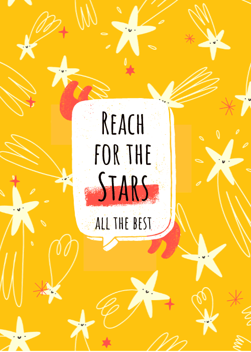 Bright yellow farewell card with cute illustrated shooting stars and text reading Reach for the Stars All the Best