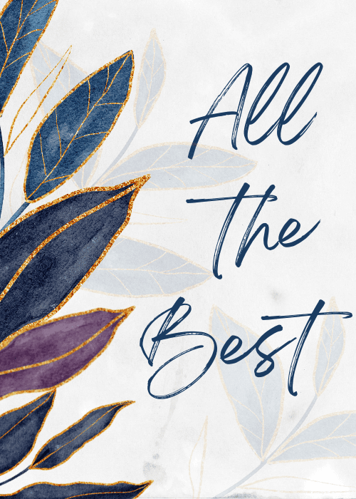 Elegant farewell card with dark navy and purple watercolor botanical leaves accented with gold glitter edges on a white marble background, with flowing script text reading "All the Best."